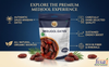 A 500g package of Fssai Premium Medjool Dates centered on a dark blue and cream graphic background with promotional text callouts.