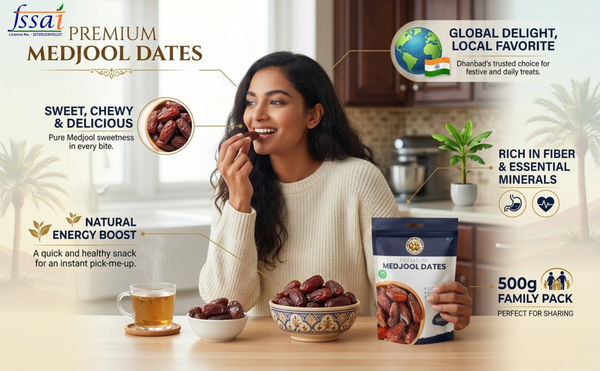 A woman in a cream knit sweater is shown eating a medjool date while holding a bag of Fssai Premium Medjool Dates. The scene is set in a warm kitchen environment with various text overlays highlighting the product's benefits, such as 'Sweet, Chewy & Delicious' and 'Natural Energy Boost'.