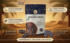 A stand-up pouch of Fssai Premium Medjool Dates centered on a warm desert-style graphic background with palm leaves and date illustrations. The package is dark navy and white with a photo of dried dates on the front.