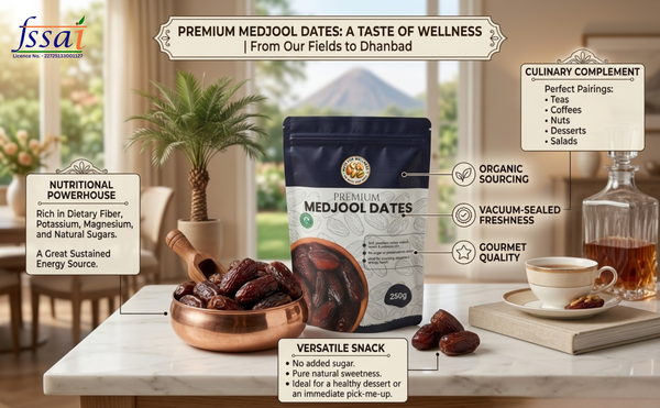 A promotional product graphic for Fssai Premium Medjool Dates, showing a 300g stand-up pouch in the center on a marble countertop. The scene includes a bowl of dates, a cup of tea, a glass bottle, and informational text callouts describing nutritional value, organic sourcing, vacuum-sealed freshness, and culinary complement.