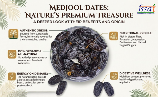 An infographic titled 'MEDJOOL DATES: NATURE'S PREMIUM TREASURE' featuring a bowl of dark brown Medjool dates with a few loose dates below. The graphic includes text callouts detailing the authentic origin, nutritional profile, energy on demand, and digestive wellness, with the FSSAI logo in the top right corner.