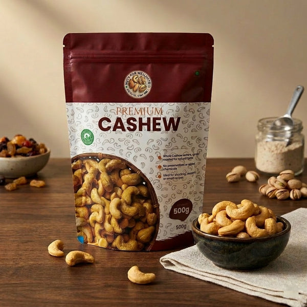 Nuts For Wellness 500g Bag of premium cashews on a wooden table with cashews and a bowl in the foreground.