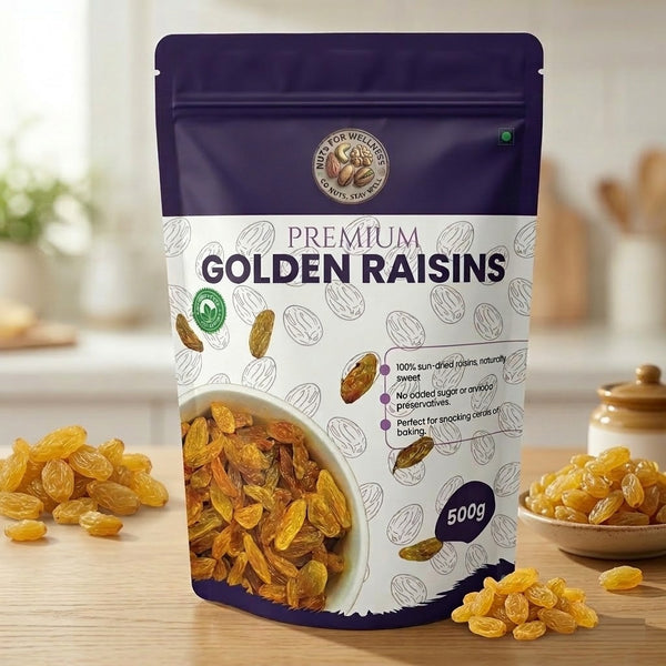 Nuts For Wellness Golden Raisins 500g Bag of premium golden raisins with a bowl of raisins on a wooden surface.