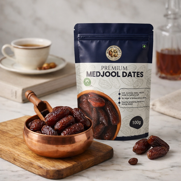 Nuts For WellnessBag of premium Medjool dates 100g with a bowl of dates on a marble surface.