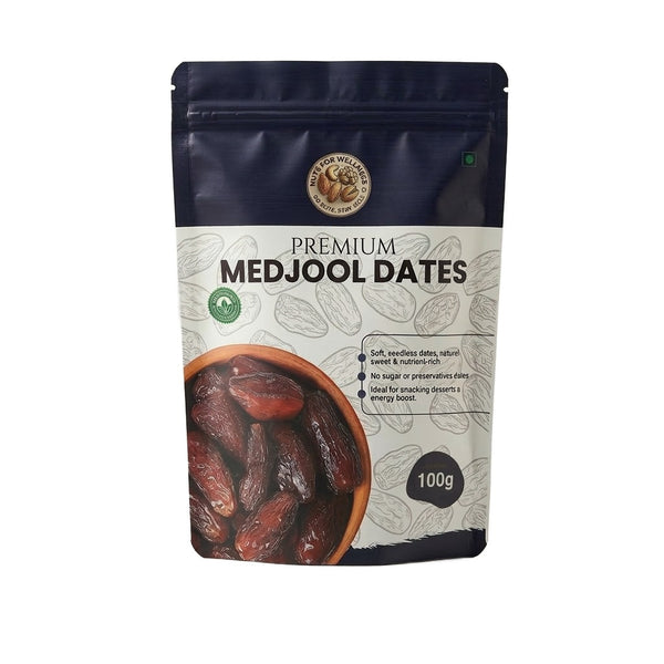 Nuts For Wellness Packaging of premium Medjool dates 100g with a brand logo on a white background