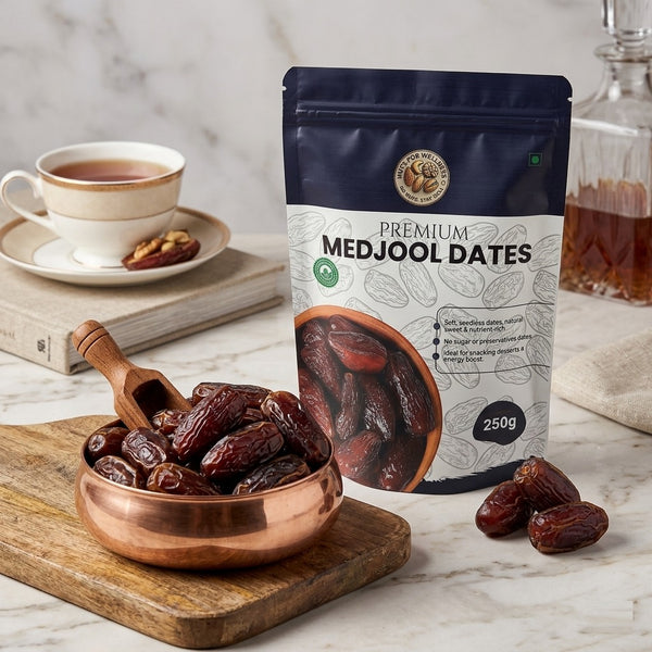 Nuts For Wellnessof premium Medjool dates next to a bowl of dates 250g and a cup of tea on a marble surface.