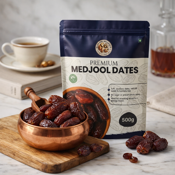 Nuts For Wellness  Bag of premium Medjool dates 500g with a bowl of dates on a wooden board, coffee cup in the background.