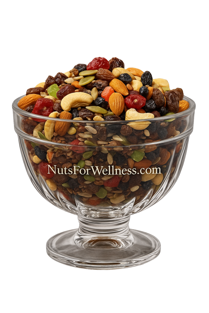 Glass bowl filled with a mix of nuts and dried fruits on a white background, with 'NutsForWellness.com' branding.