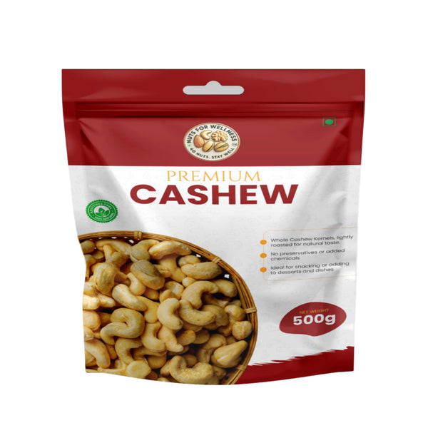Package of premium cashews with a red and white design on a gray background