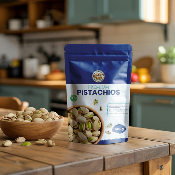 Pouch of premium pistachios on a kitchen counter with a blurred background