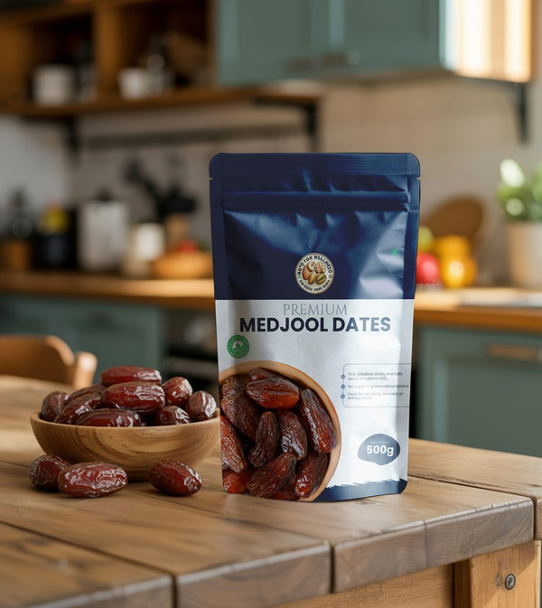 Nuts For Wellness Bag of premium Medjool dates on a wooden table with a kitchen background