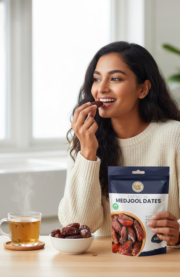 Nuts For Wellness Woman eating Medjool dates with a package of dates and a cup of tea on a table.