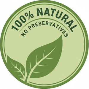 Green label with '100% Natural, No Preservatives' text and a leaf on a white background