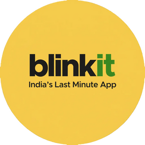 Blinkit logo on a yellow background with text 'India's Last Minute App'.
