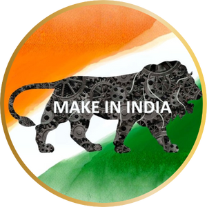 Logo with a tiger silhouette made of gears, set against an orange and green background with 'MAKE IN INDIA' text.
