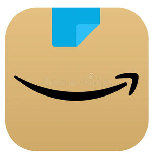 Amazon logo on a beige square with a blue arrow